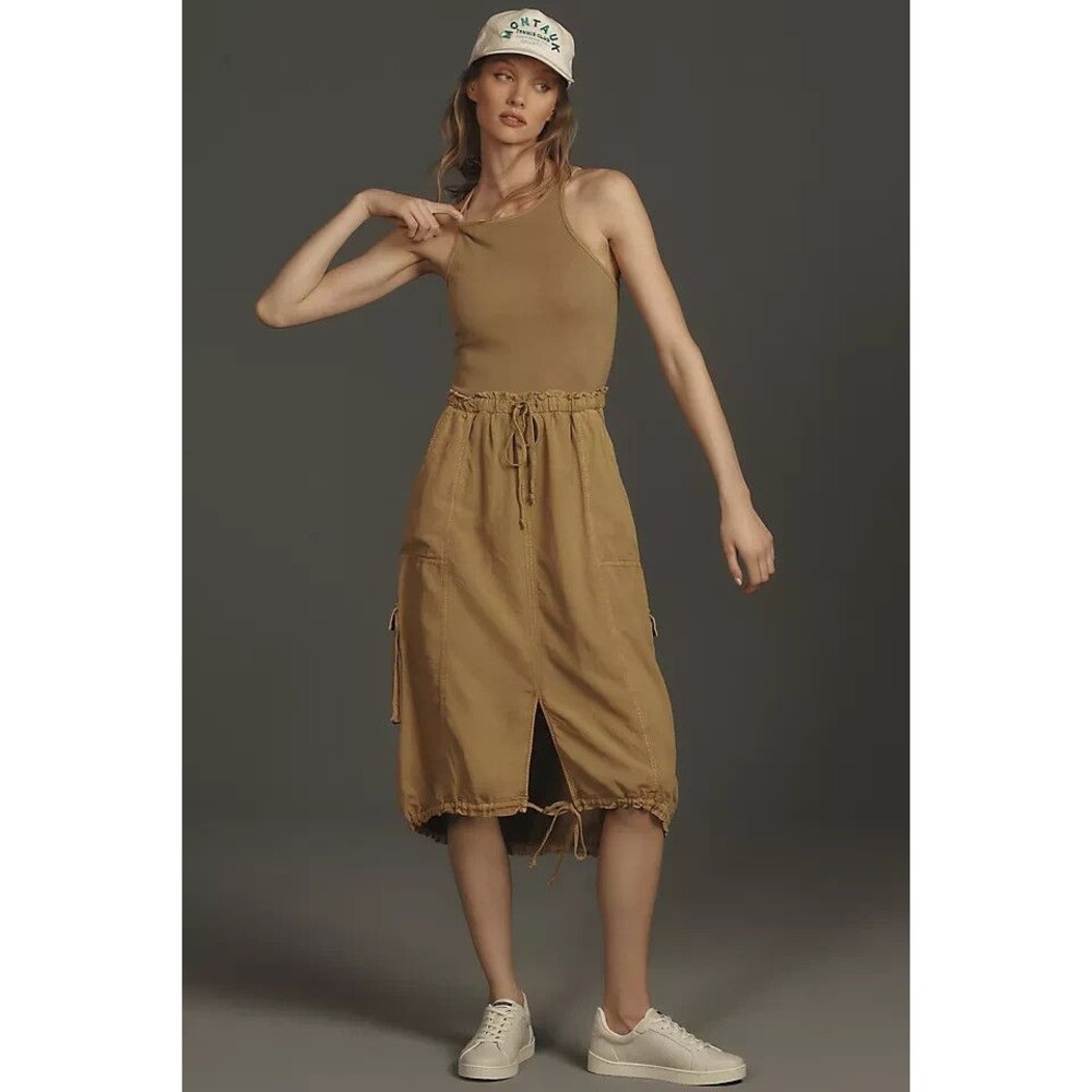 Anthropologie Daily Practice Be Bold Twofer Cargo Midi Tank Dress Sz S Khaki Tan